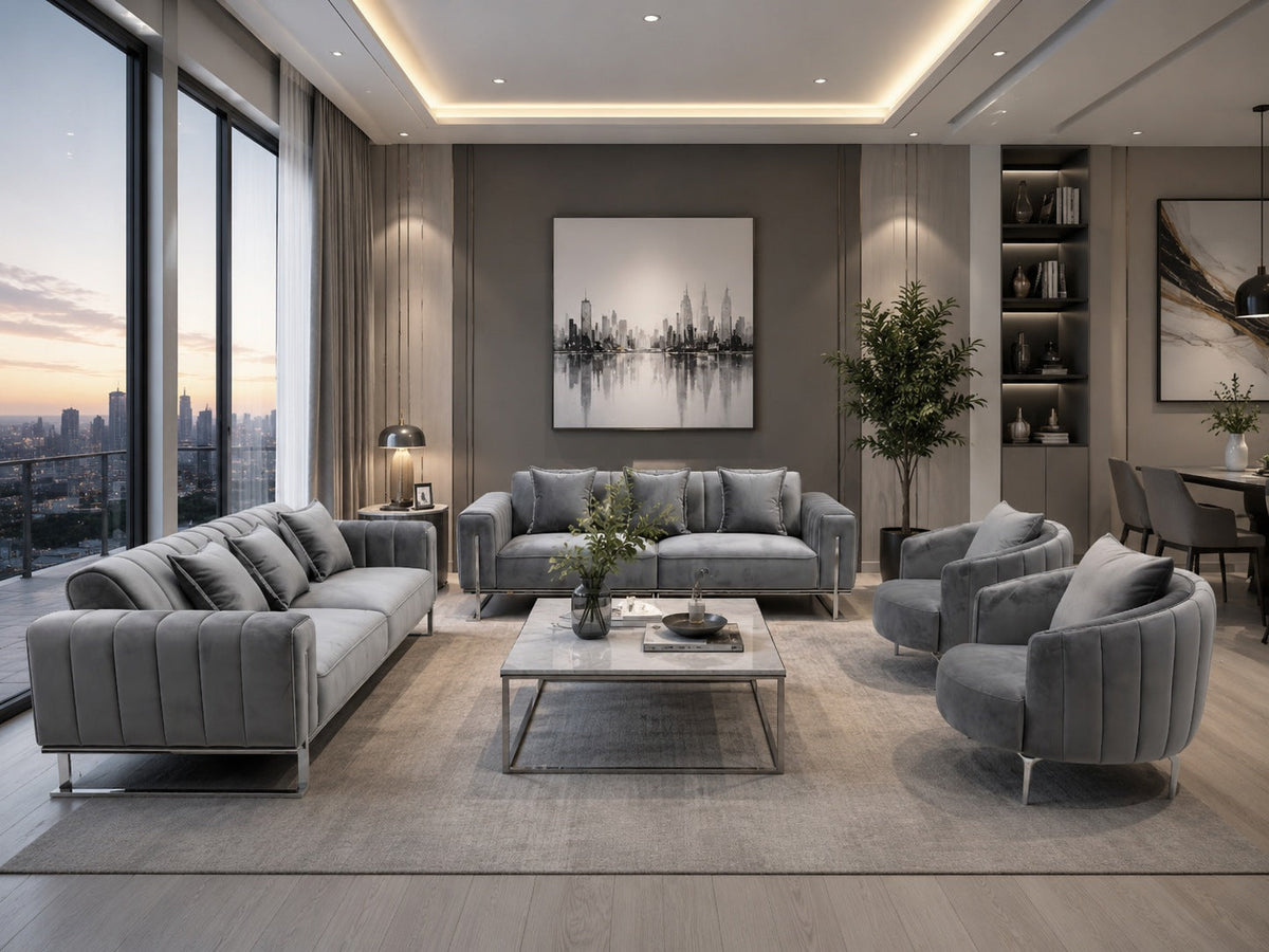 Modern grey velvet sofa set at Quality Rugs and Furniture