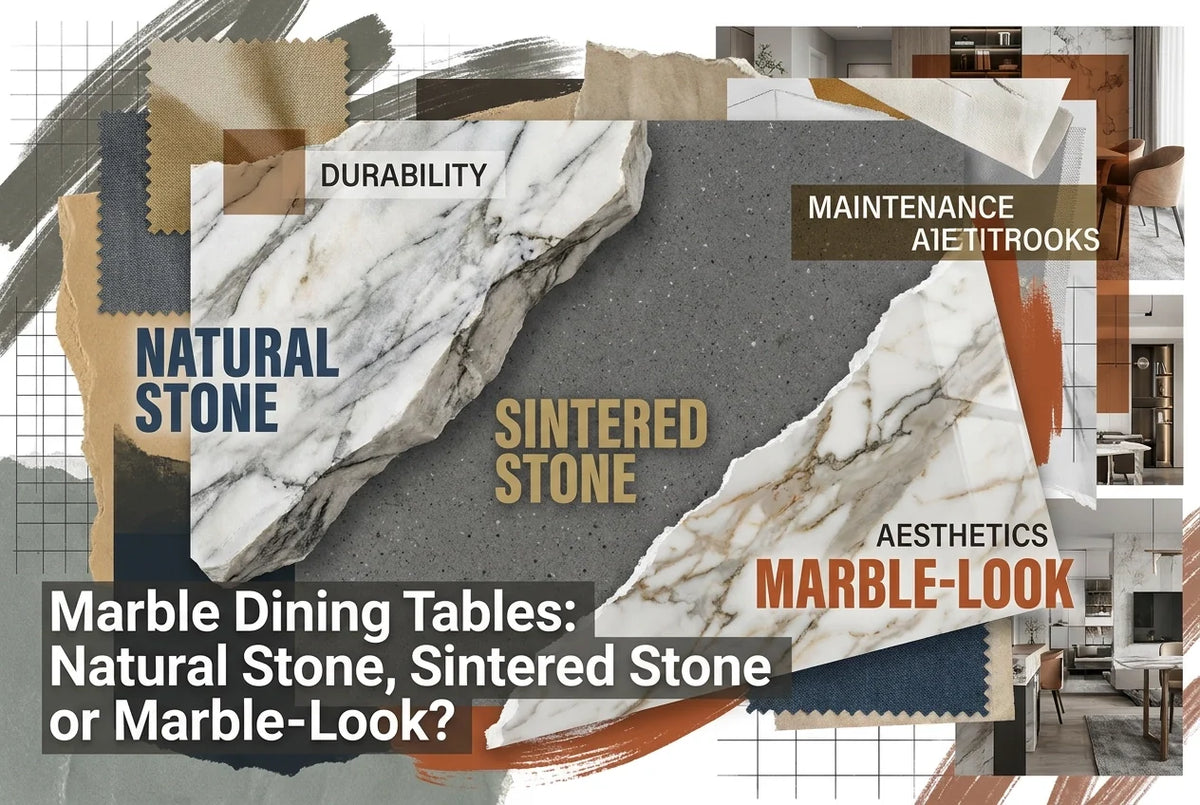 Professional header image for comparison analysis: Marble Dining Tables: Natural Stone, Sintered Stone or Ma...