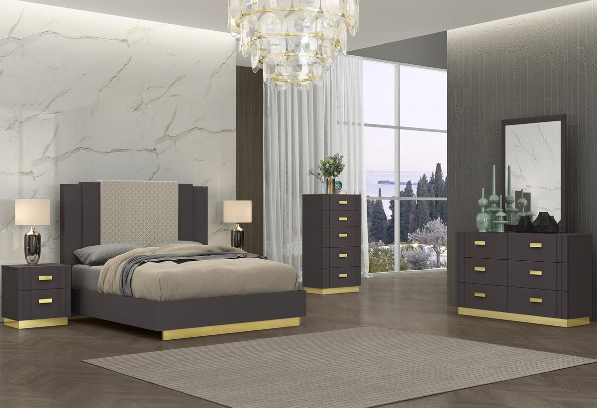 Grey and gold modern bedroom suite at Quality Rugs and Furniture