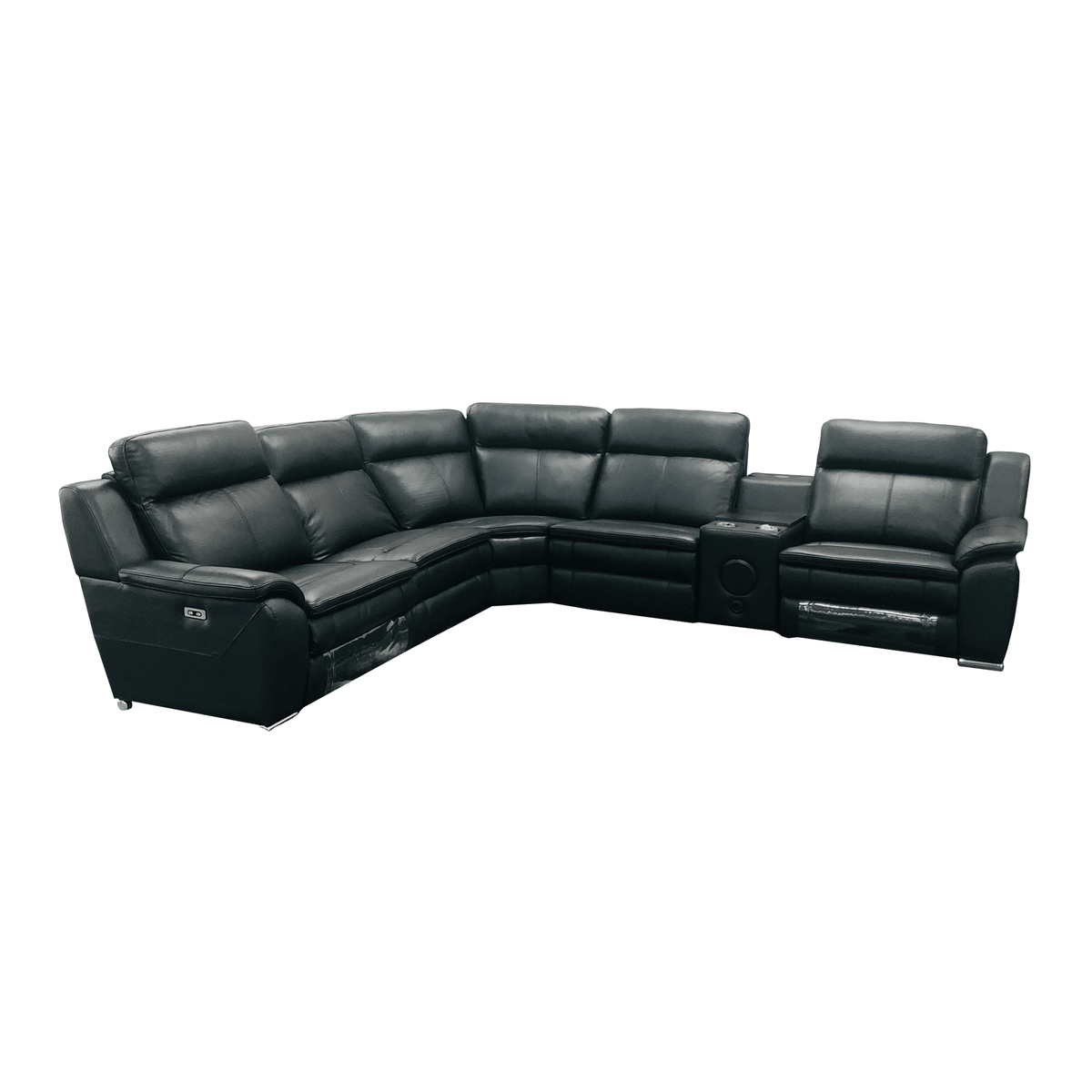Black corner electric recliner leather sofa set at Quality Rugs and Furniture