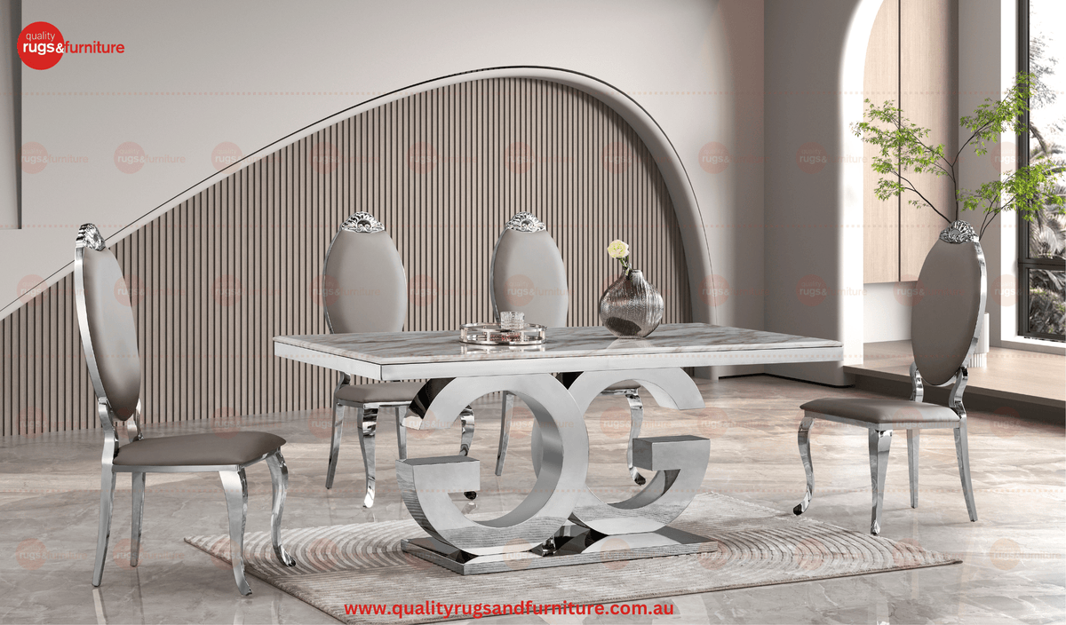 Silver marble top dining table at Quality Rugs and Furniture