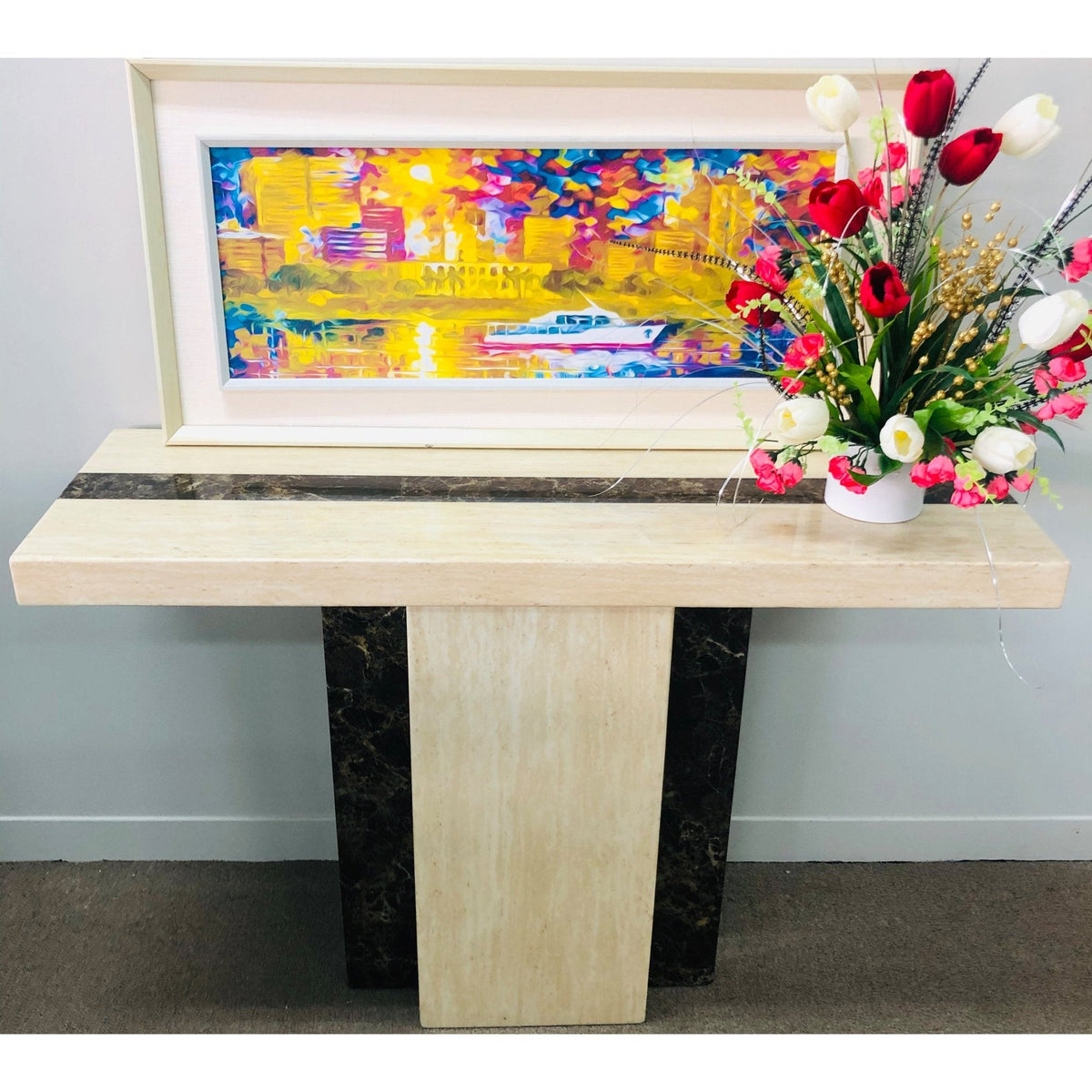 Cream and brown marble console table at Quality Rugs and Furniture