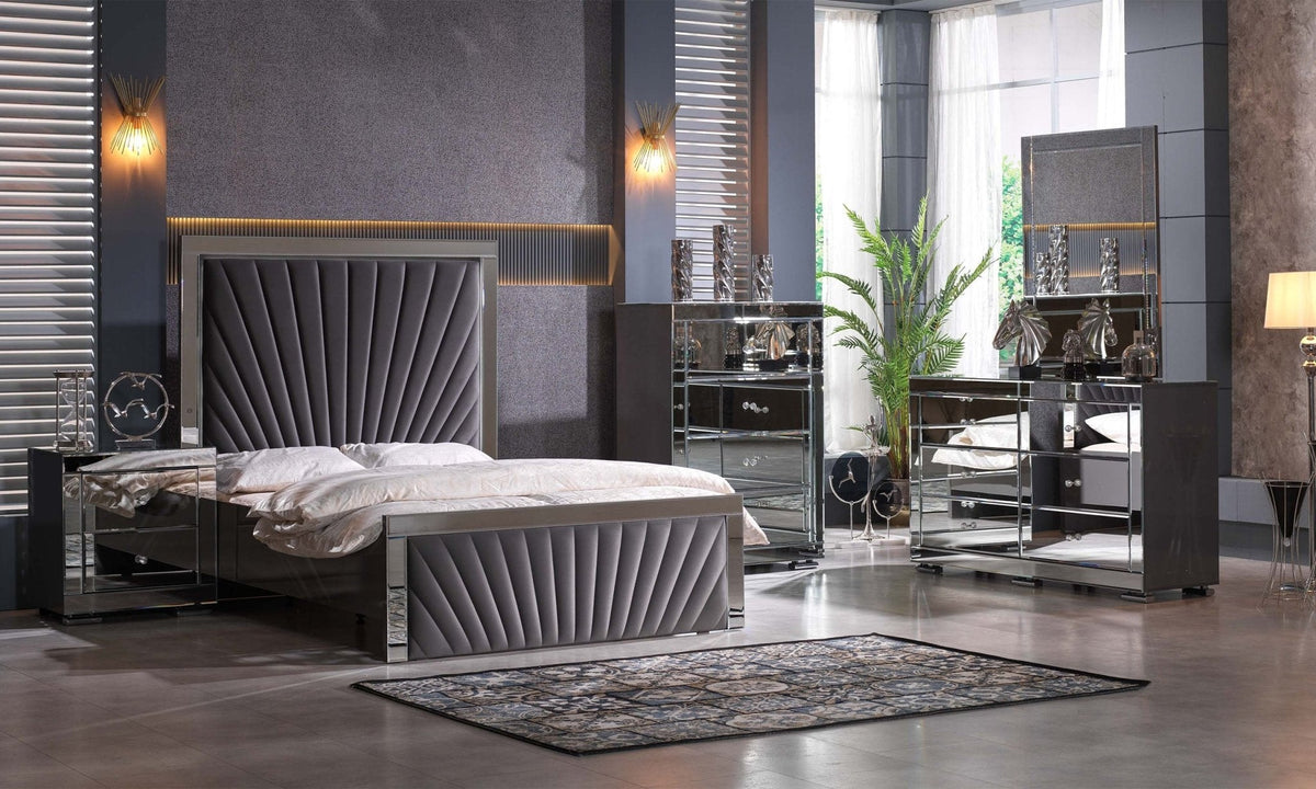 Affordable modern bedroom suite in grey silver at Quality Rugs and Furniture