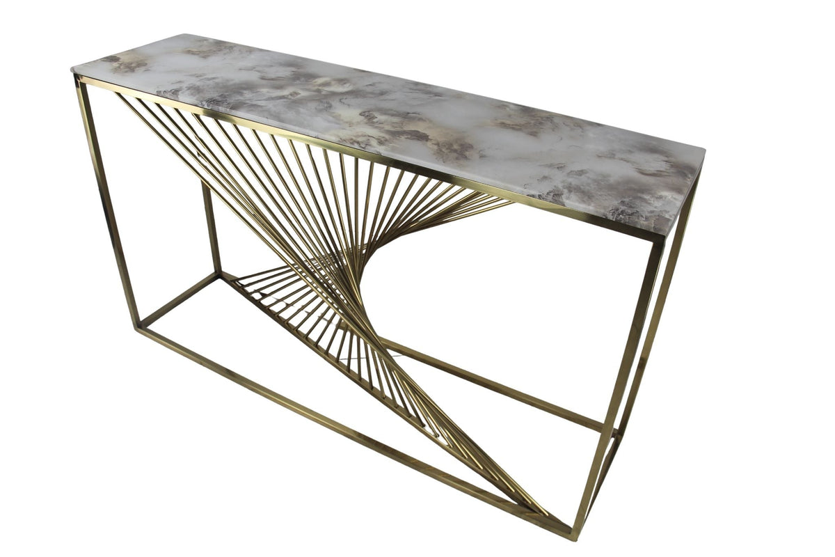 Gold marble top console table styled in an entryway at Quality Rugs and Furniture
