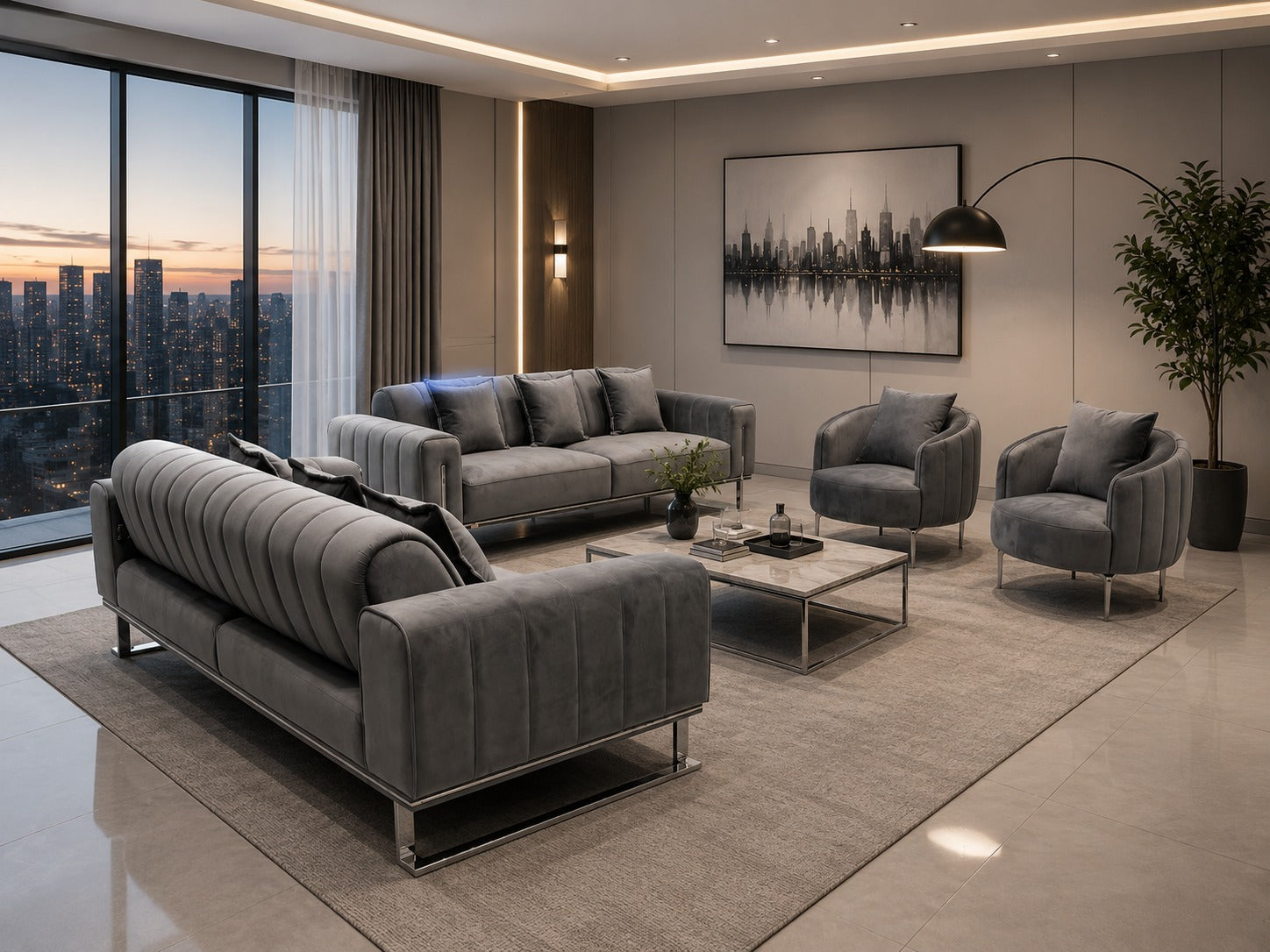 Tanya Luxury Modern Velvet Sofa Set Grey