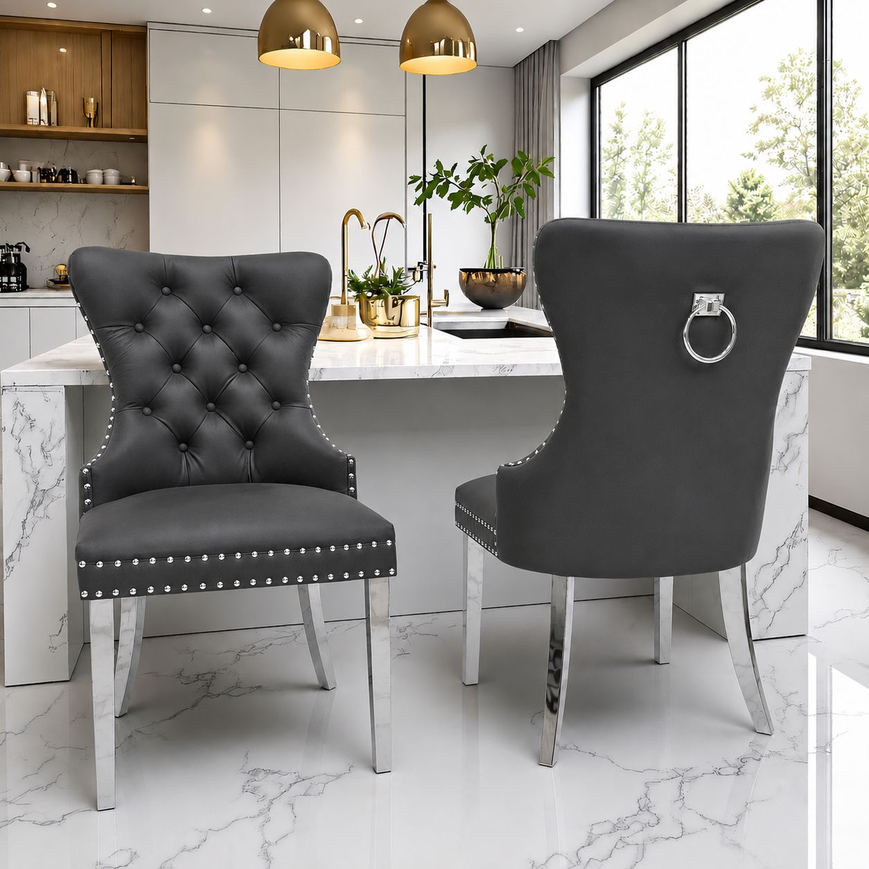 Erica Modern Dining Chair Wooden Leg Grey Leather