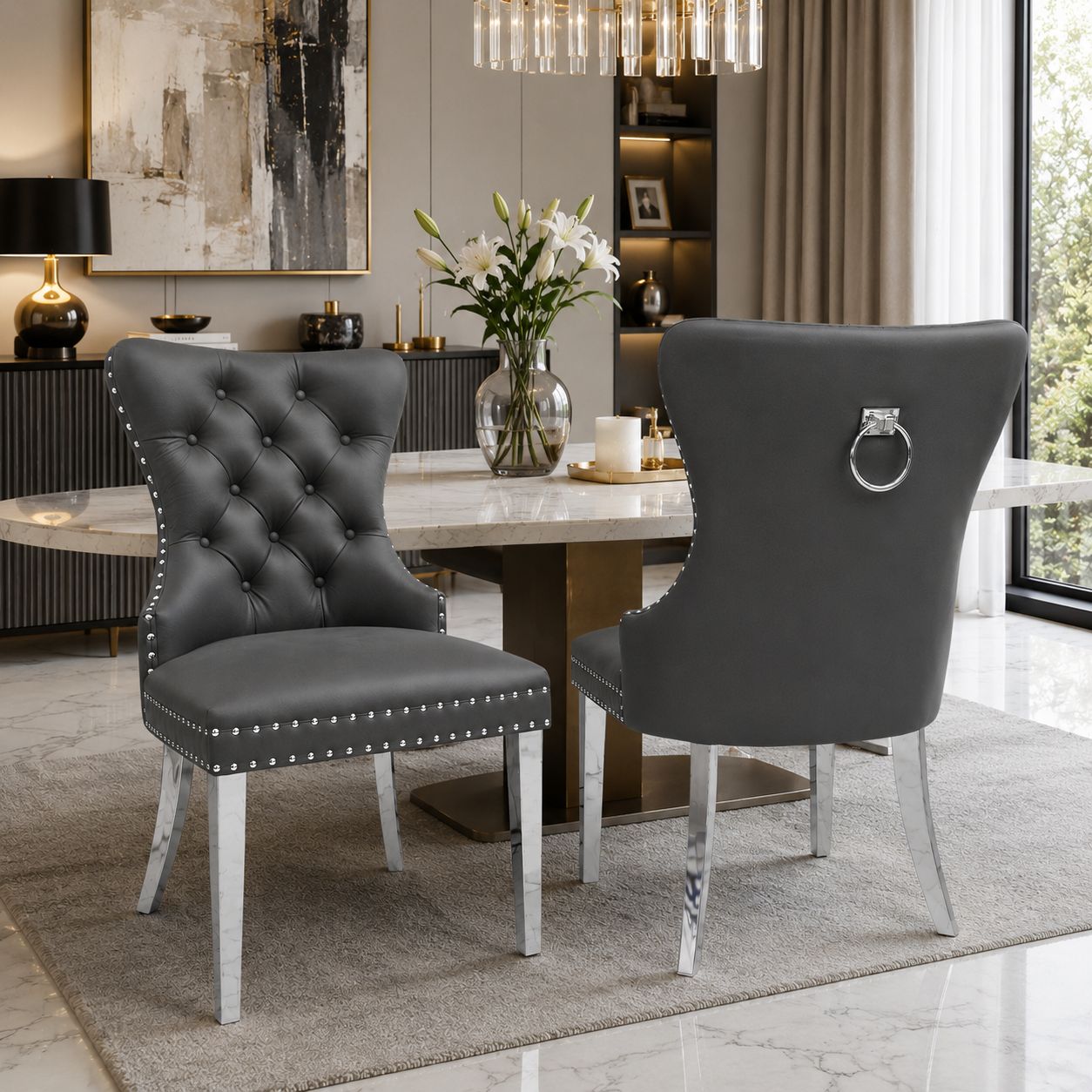 Erica Modern Dining Chair Wooden Leg Grey Leather