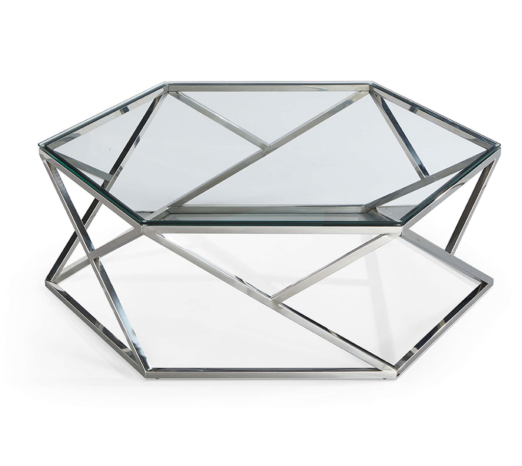 Hexagon Coffee Table Round Stainless Steel Base Glass Top Silver