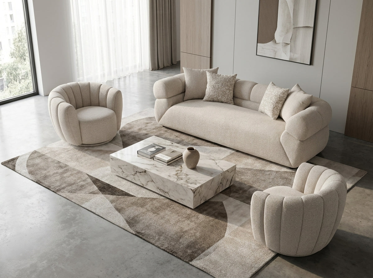 Cairo Modern 3 Seater Fabric Sofa Cream