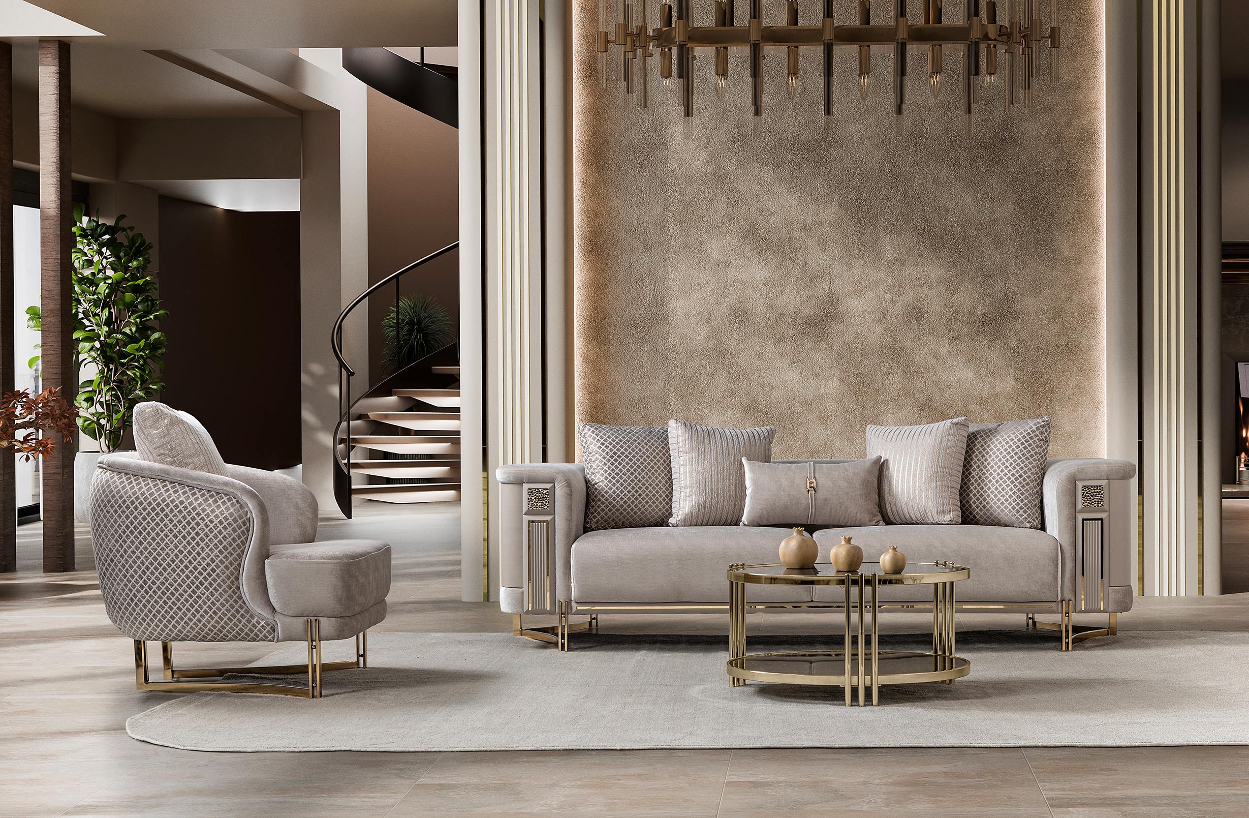 Mirage Luxury Velvet Sofa Set Ivory Gold
