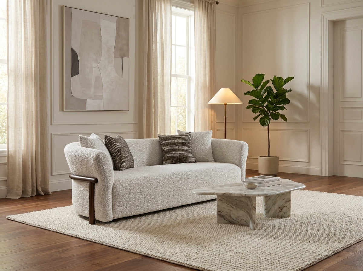 A cream bouclé loveseat sofa with dark wood arms, styled in a bright, elegant living room with a marble coffee table, textured rug, and potted fiddle-leaf fig plant.