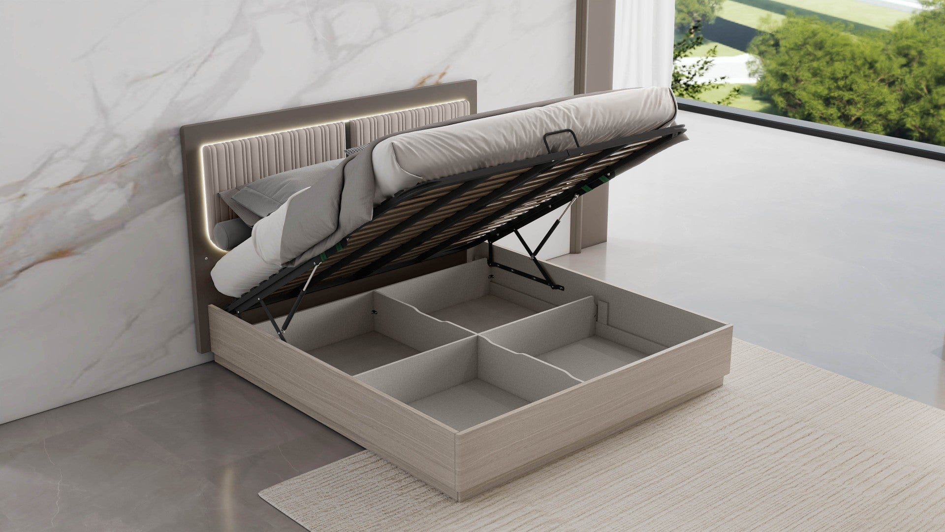 Charles Gas Lift Storage Bed Set with LED Taupe Grey