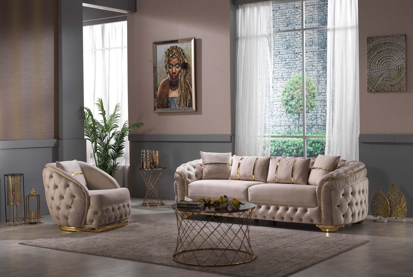 Arizona Velvet Modern Sofa Set Beige Gold - Quality Rugs and Furniture