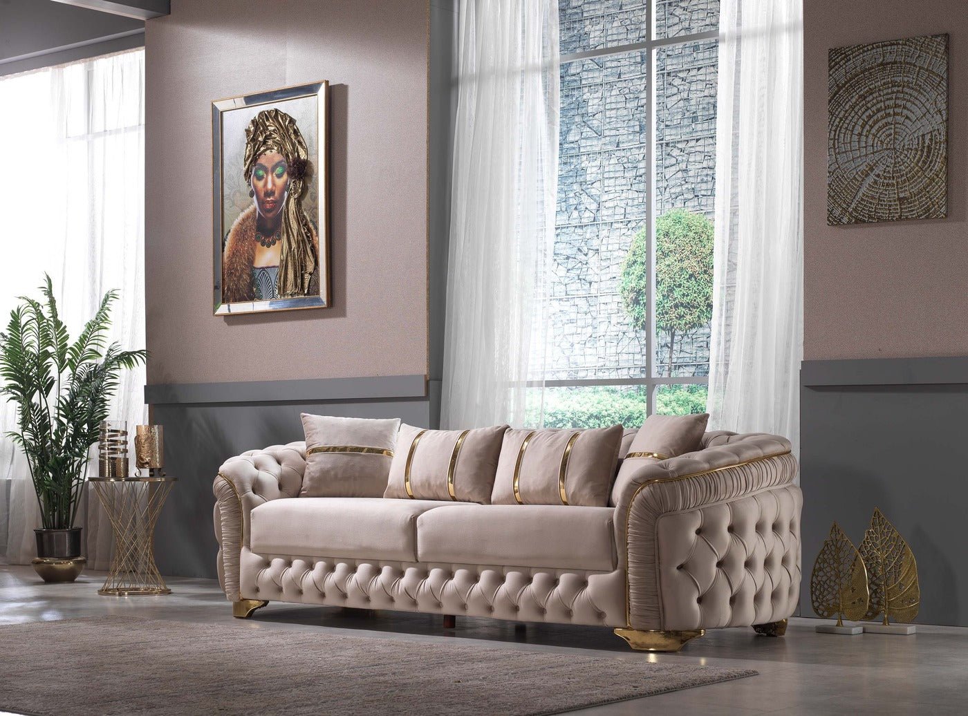 Arizona Velvet Modern Sofa Set Beige Gold - Quality Rugs and Furniture