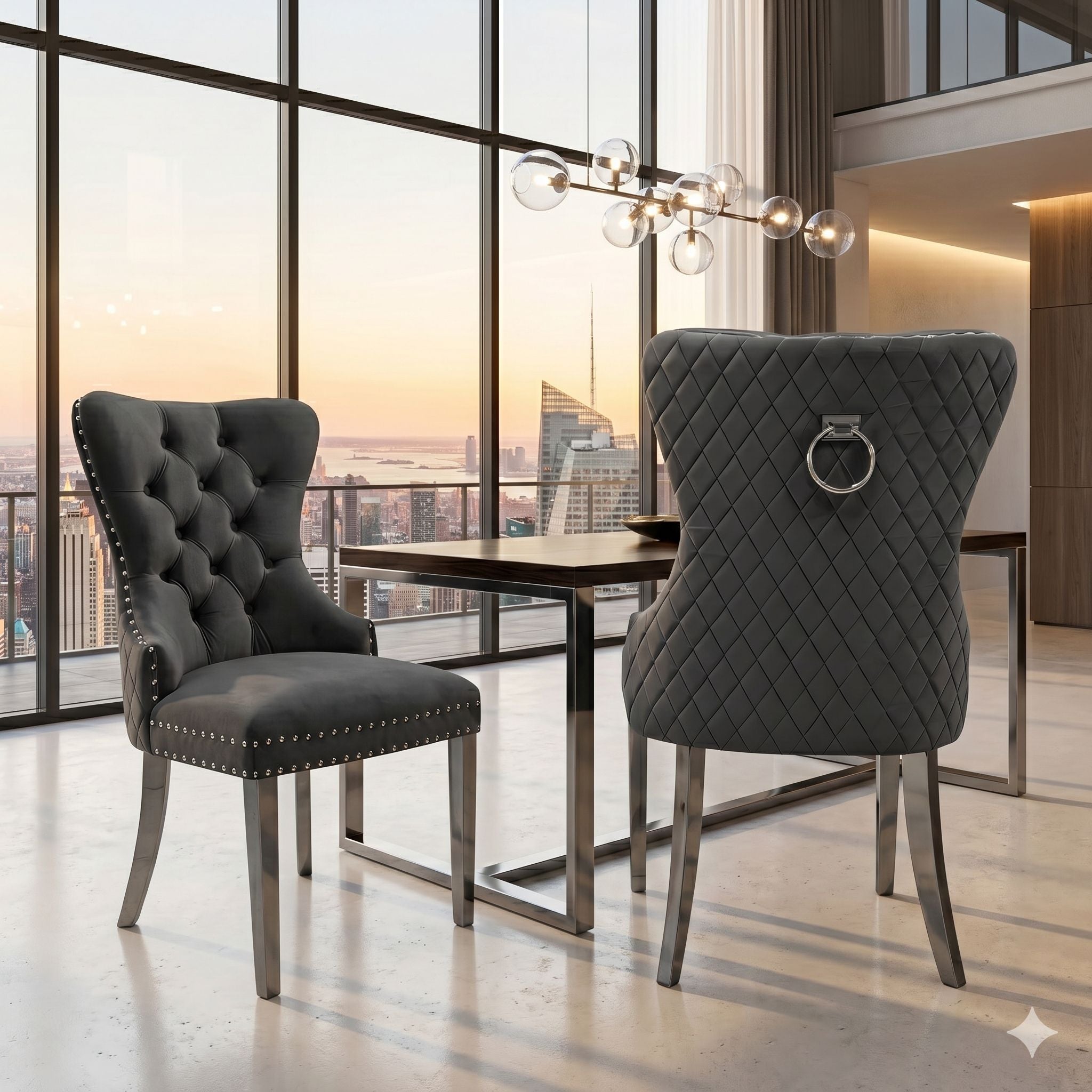 Simba Modern Dining Chair Silver Leg Dark Grey Velvet