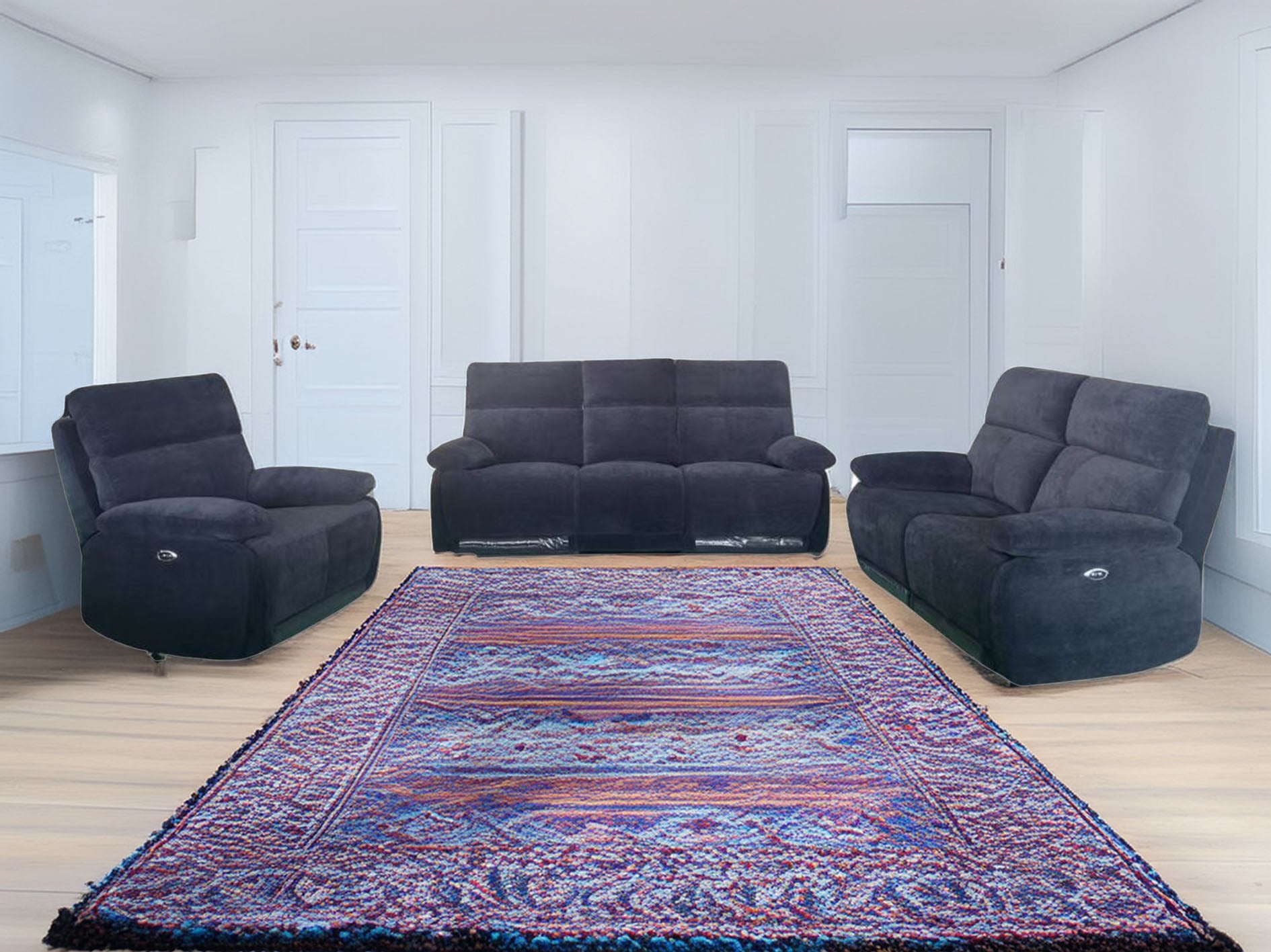Elysium Electronic Recliner Sofa Set in Black Fabric - Quality Rugs and Furniture