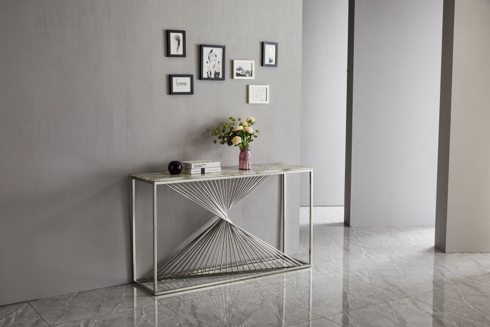 Spiral Console Hallway Table Stainless Steel Base Marble Top Silver - Quality Rugs and Furniture