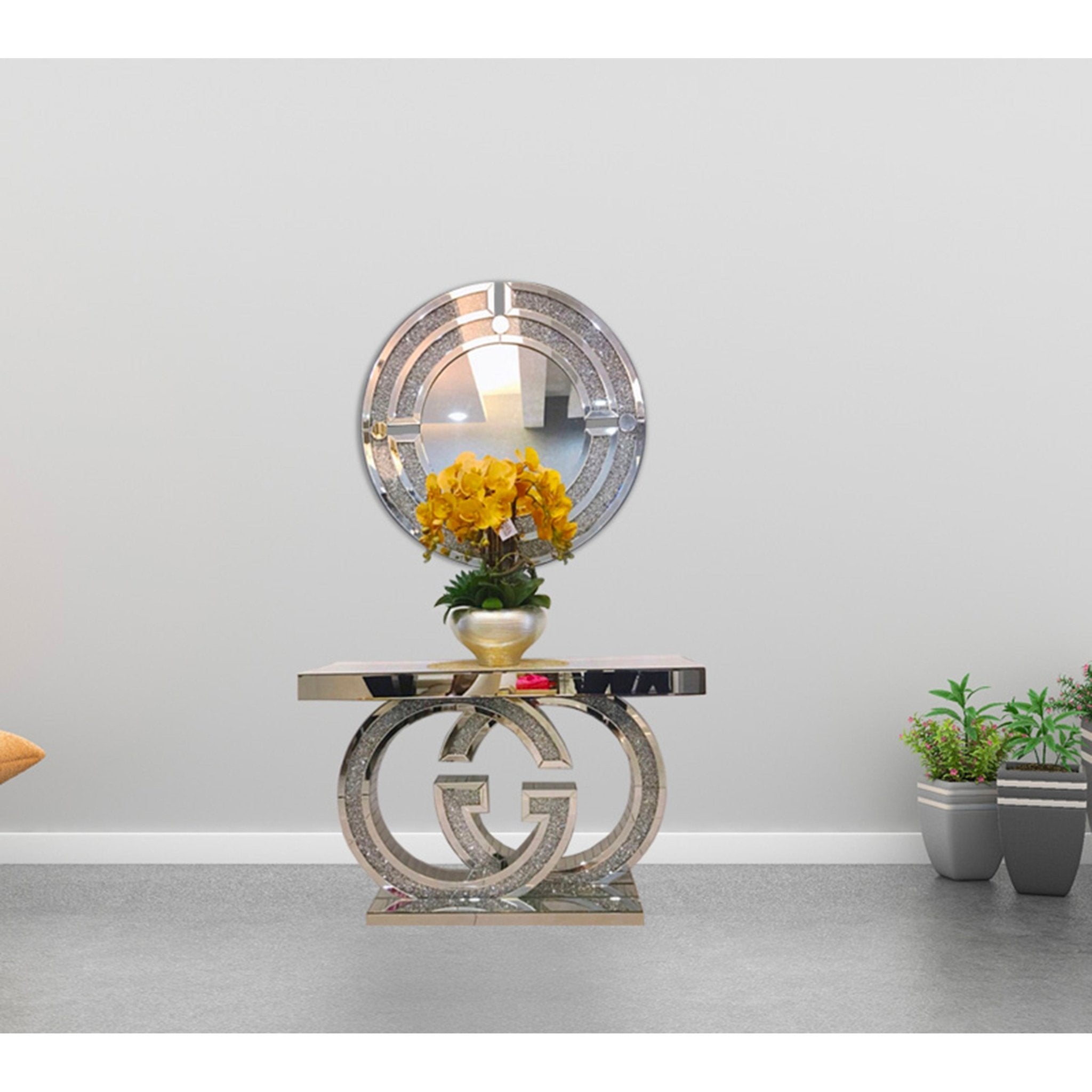 Gabi Console Hallway Table Wooden Frame Tempered Glass Top Silver with LED - Quality Rugs and Furniture