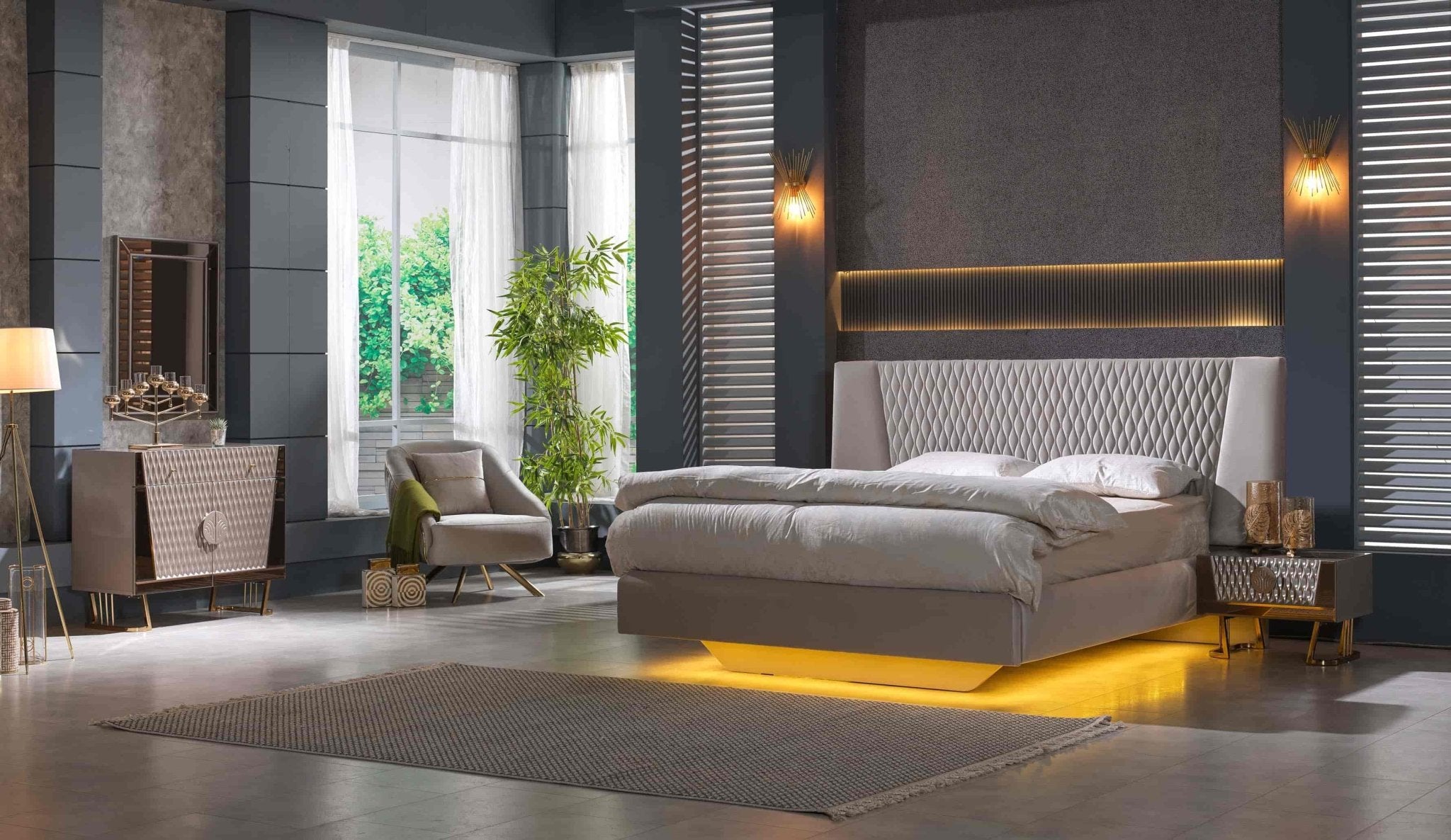 Lucas Velvet Modern Queen Bed Beige - Quality Rugs and Furniture