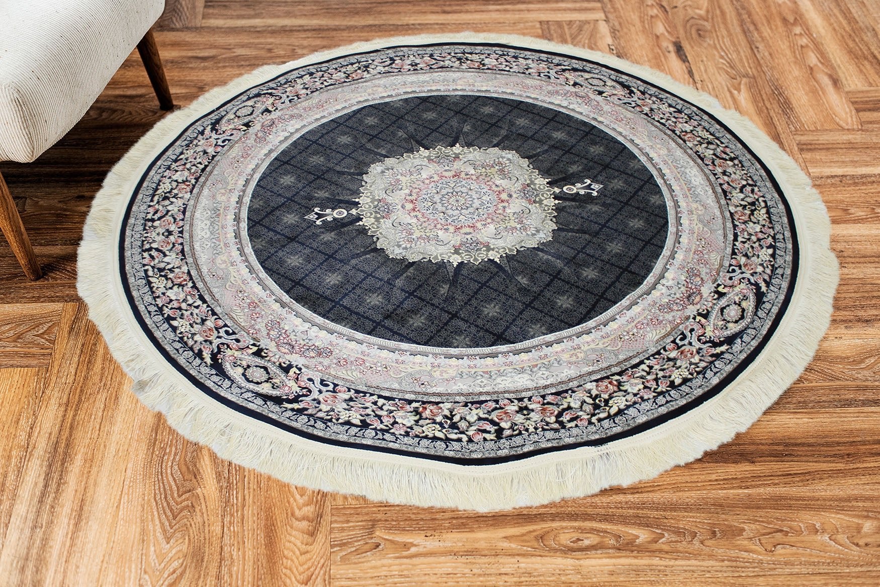 Timche 3184 Dark Blue Traditional Round Rug - Quality Rugs and Furniture