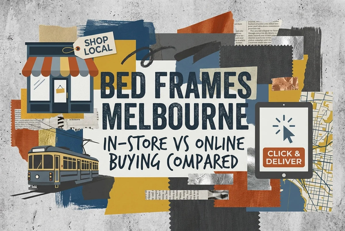 Professional header image for comparison analysis: Bed Frames Melbourne: In-Store vs Online Buying Compared