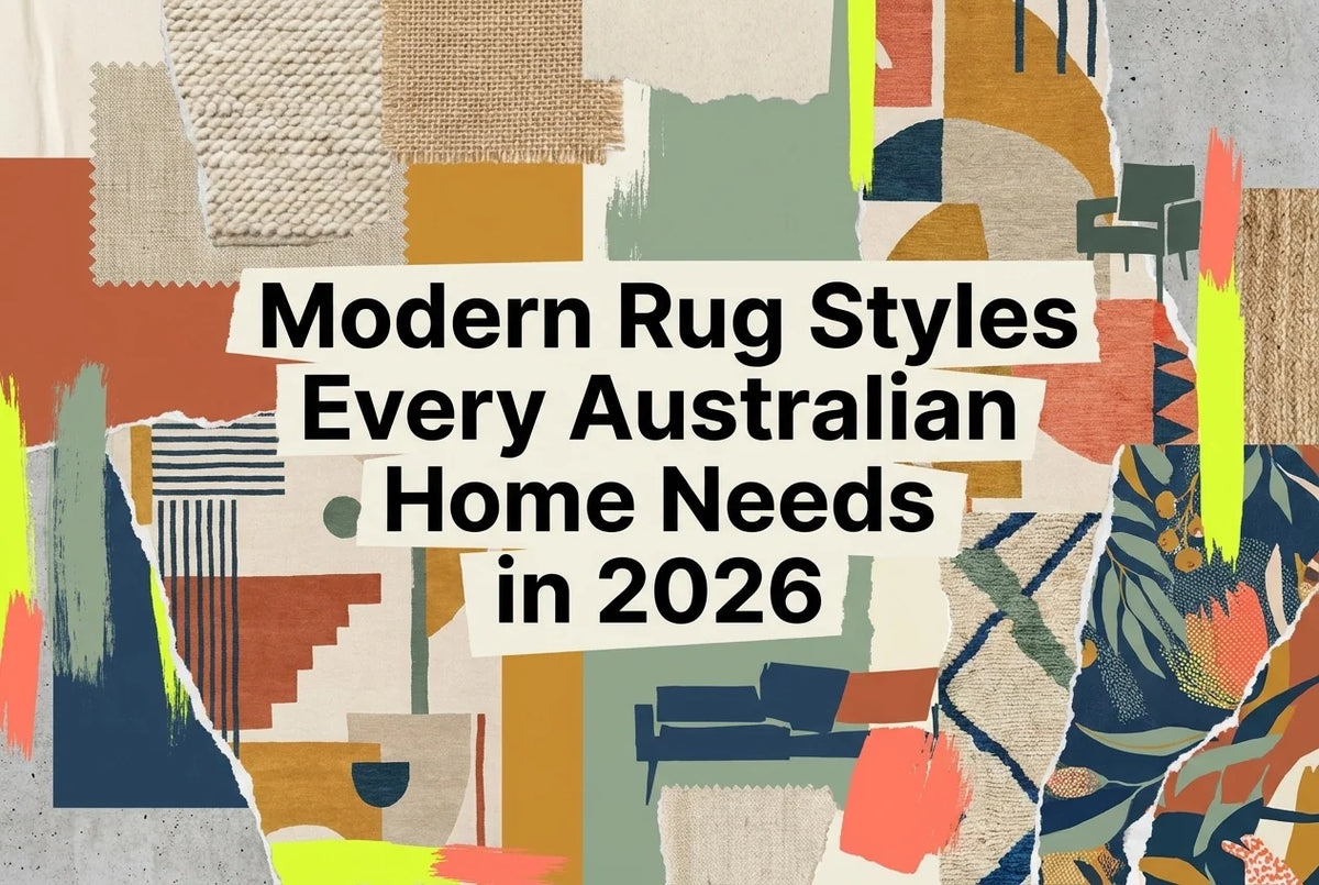 Professional header image for list-based article: Modern Rug Styles Every Australian Home Needs in 2026