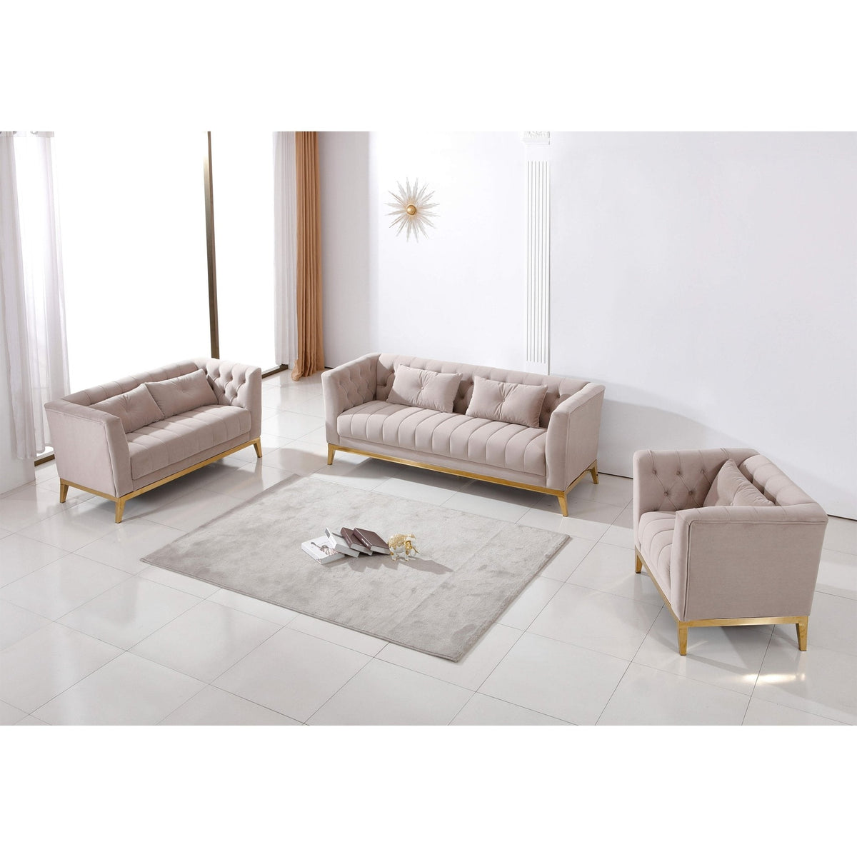 Light brown velvet modern sofa set at Quality Rugs and Furniture