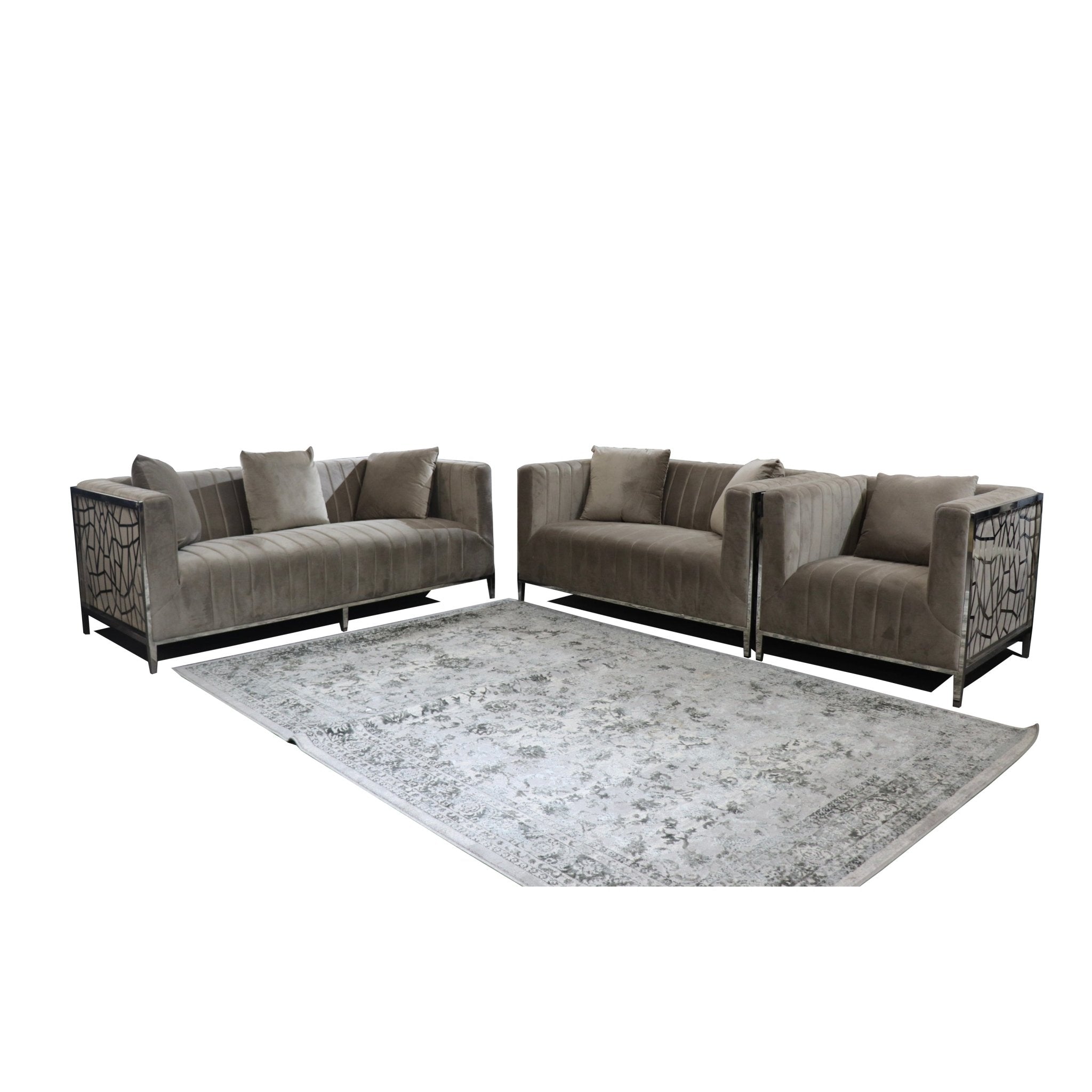 Silver velvet fabric sofa set at Quality Rugs and Furniture