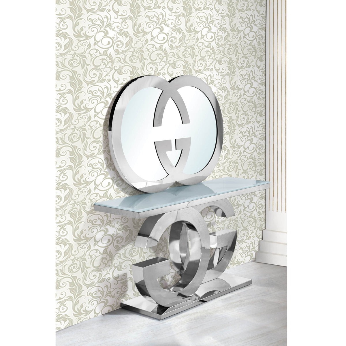 Black and silver glass top console table at Quality Rugs and Furniture