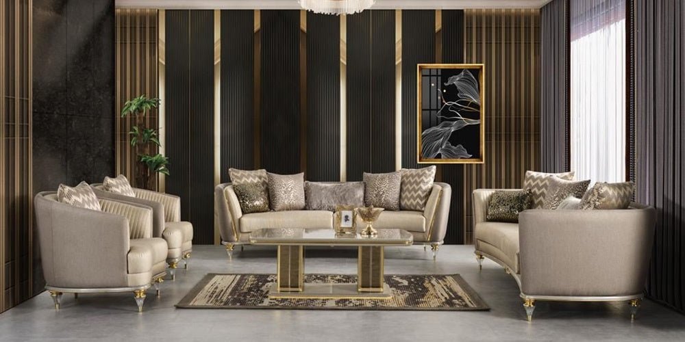 Cream beige art deco sofa set at Quality Rugs and Furniture