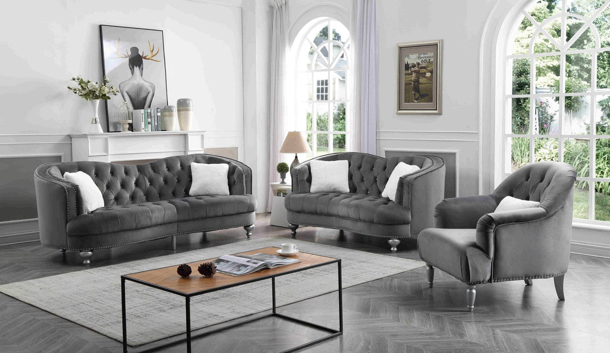 Dark grey modern fabric sofa set at Quality Rugs and Furniture Dandenong