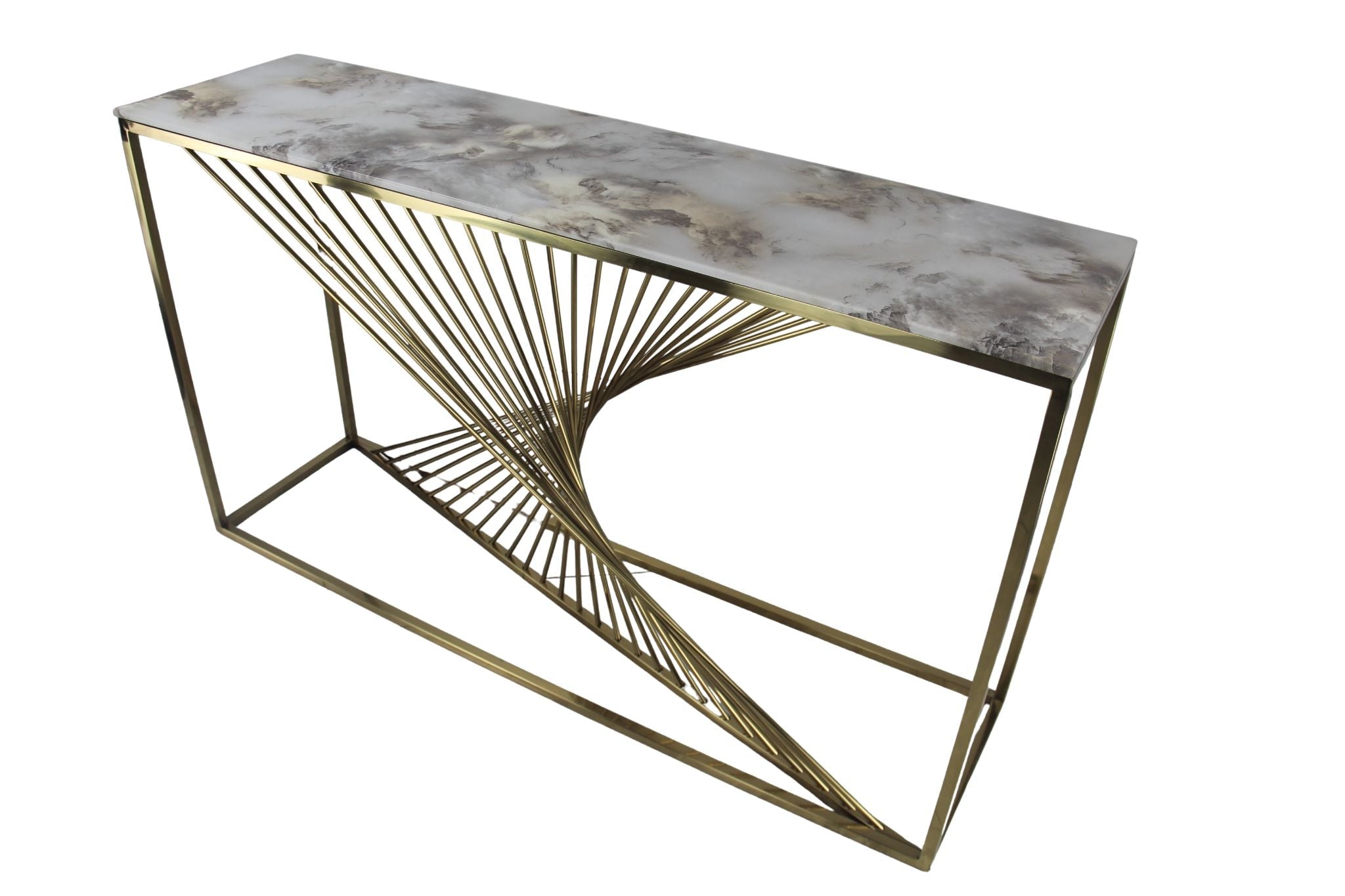 Gold marble top console table styled in an entryway at Quality Rugs and Furniture