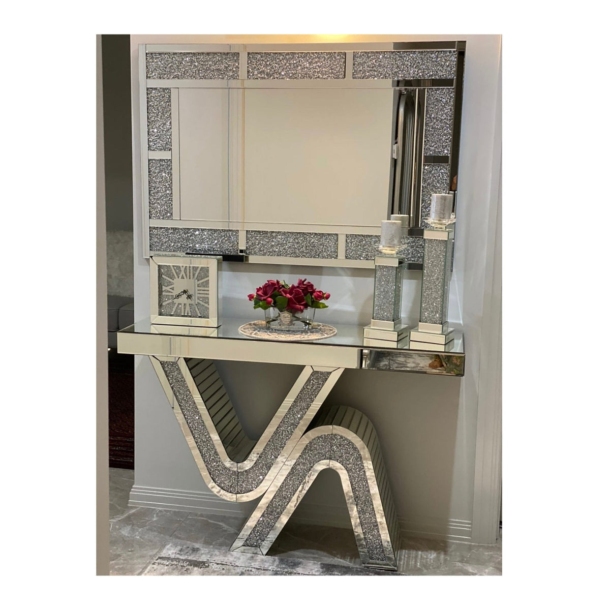 Hallway table styled with decor at Quality Rugs and Furniture
