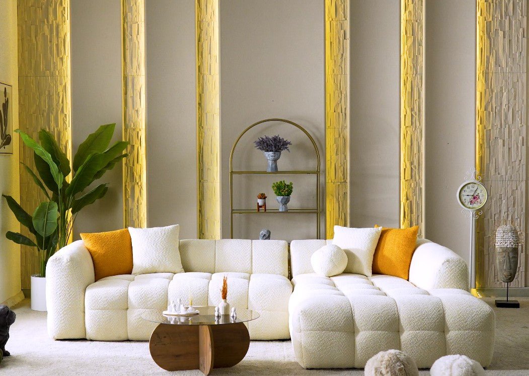 Modern cream velvet corner sofa set at Quality Rugs and Furniture
