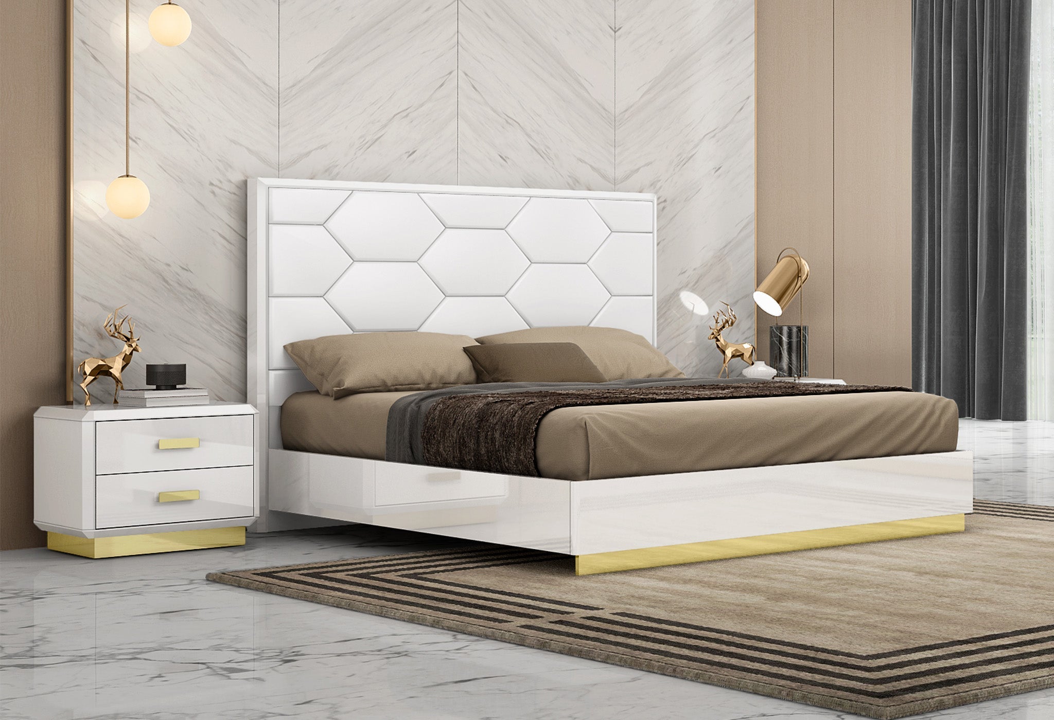 Modern white and gold bedroom suite at Quality Rugs and Furniture
