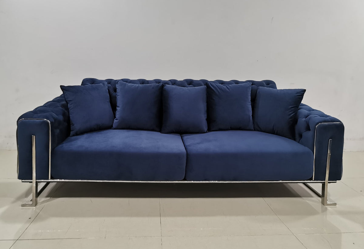 Modern dark blue velvet sofa set at Quality Rugs and Furniture