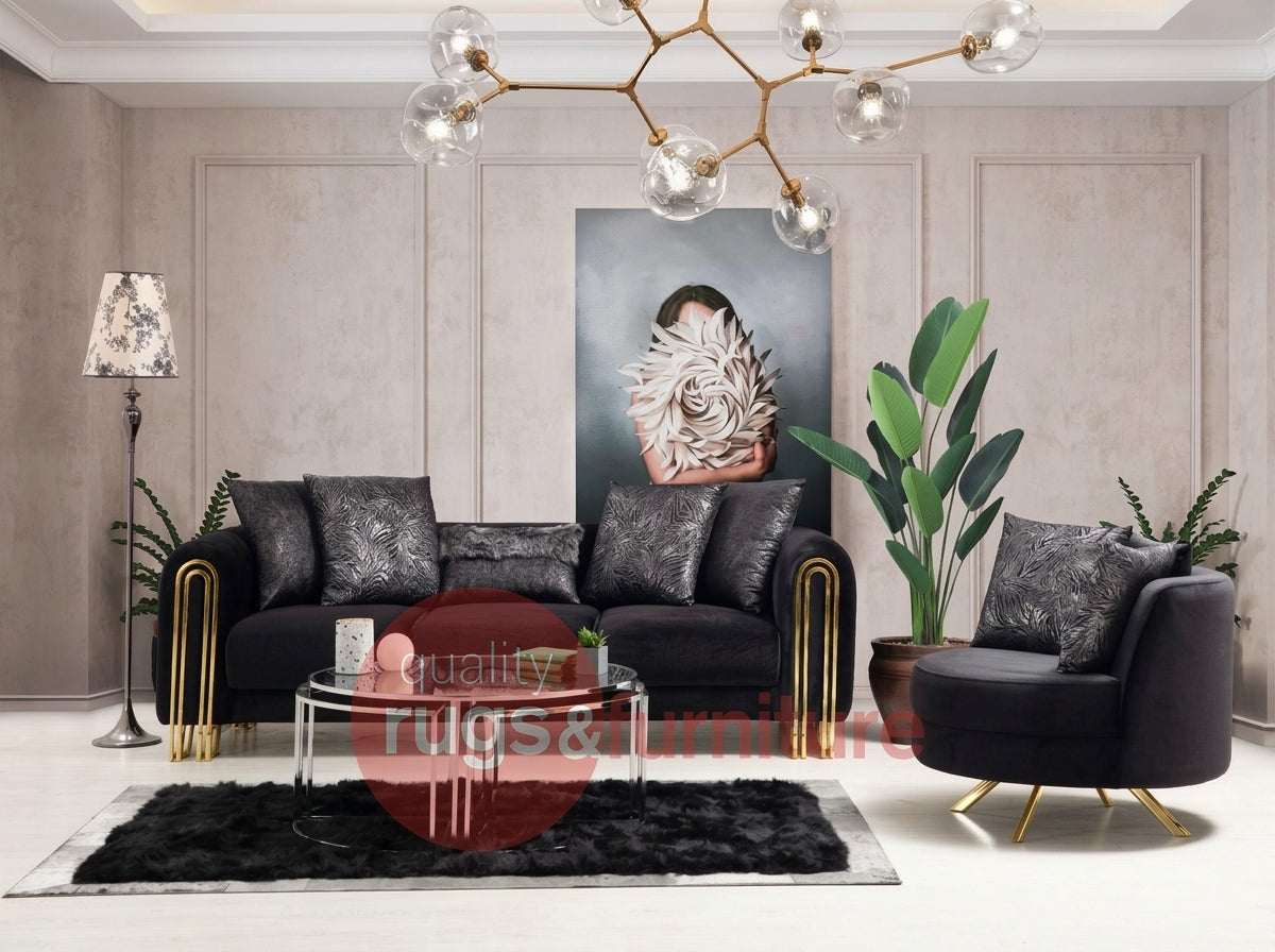 Sehrazat Modern Fabric Luxury Sofa Set Black Gold