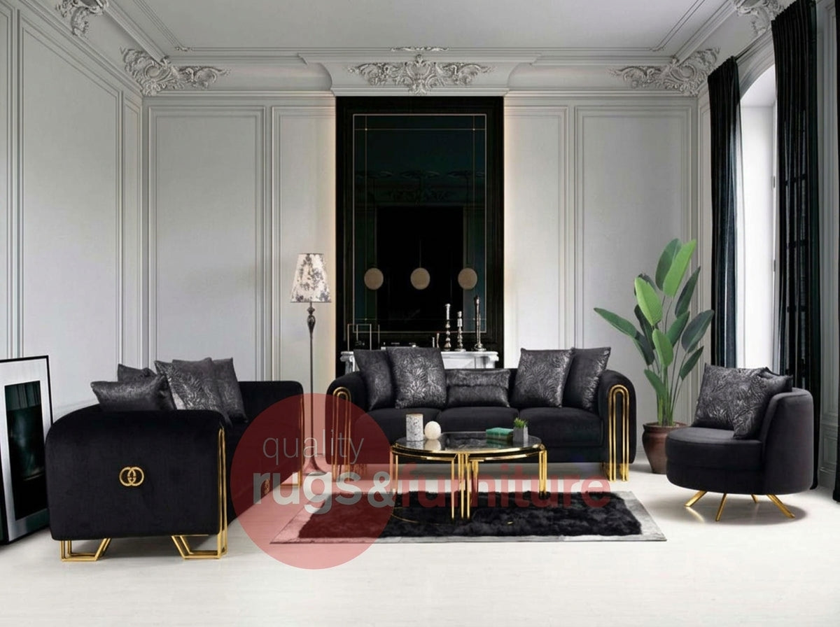 Sehrazat Modern Fabric Luxury Sofa Set Black Gold