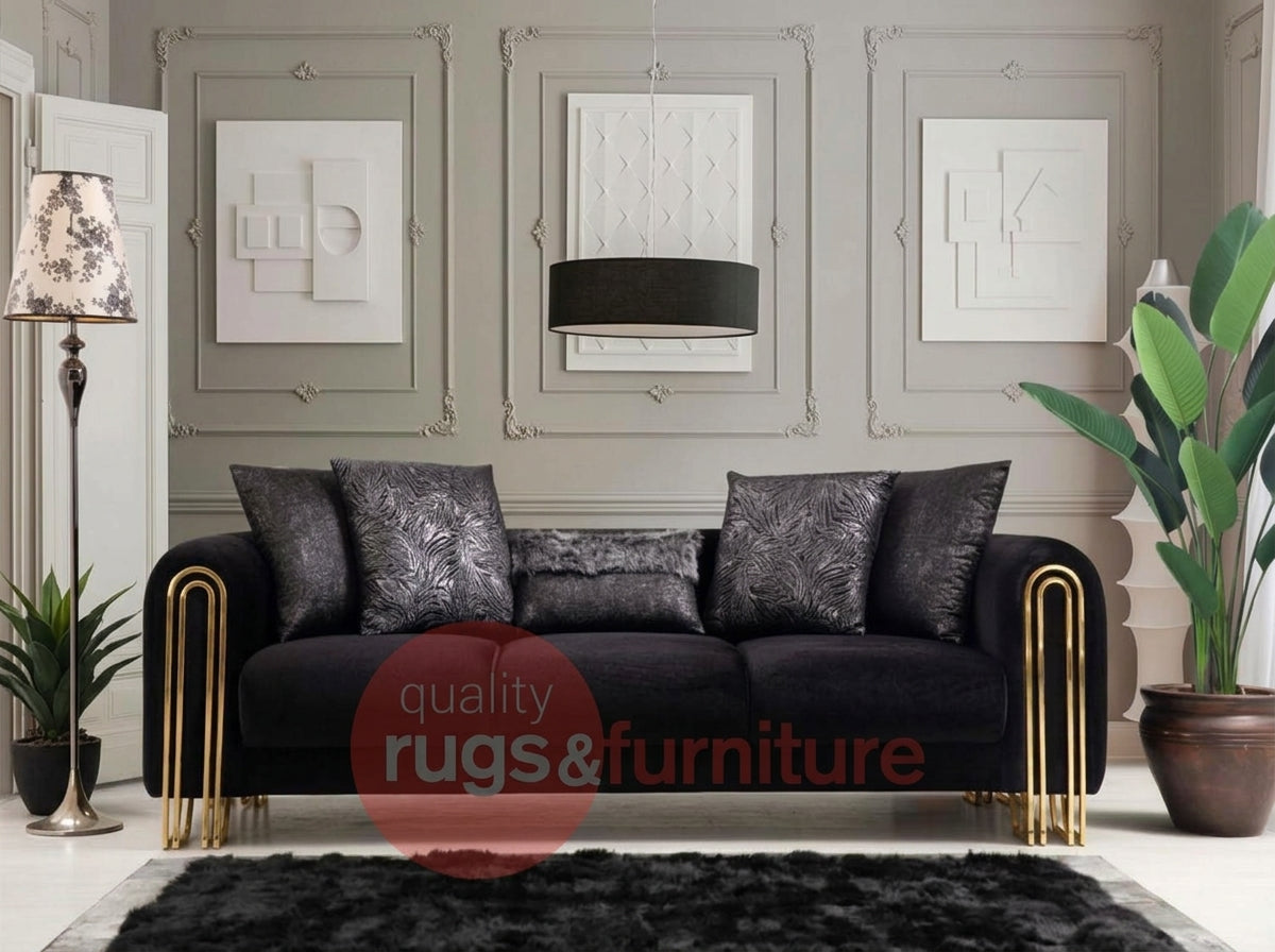 Sehrazat Modern Fabric Luxury Sofa Set Black Gold
