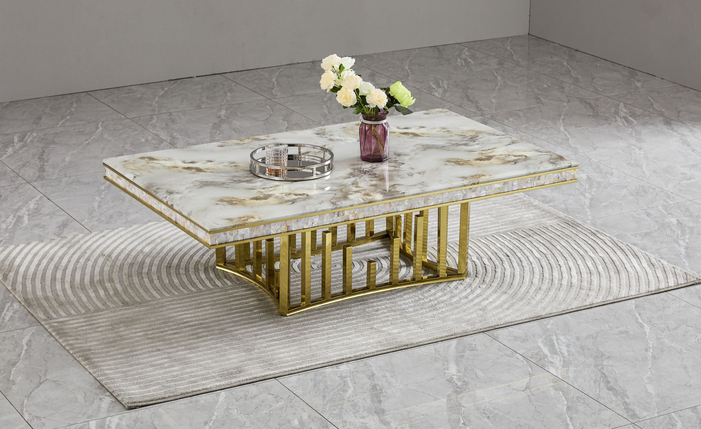 Stela Marble Top Dining Table with Gold Stainless Steel Legs