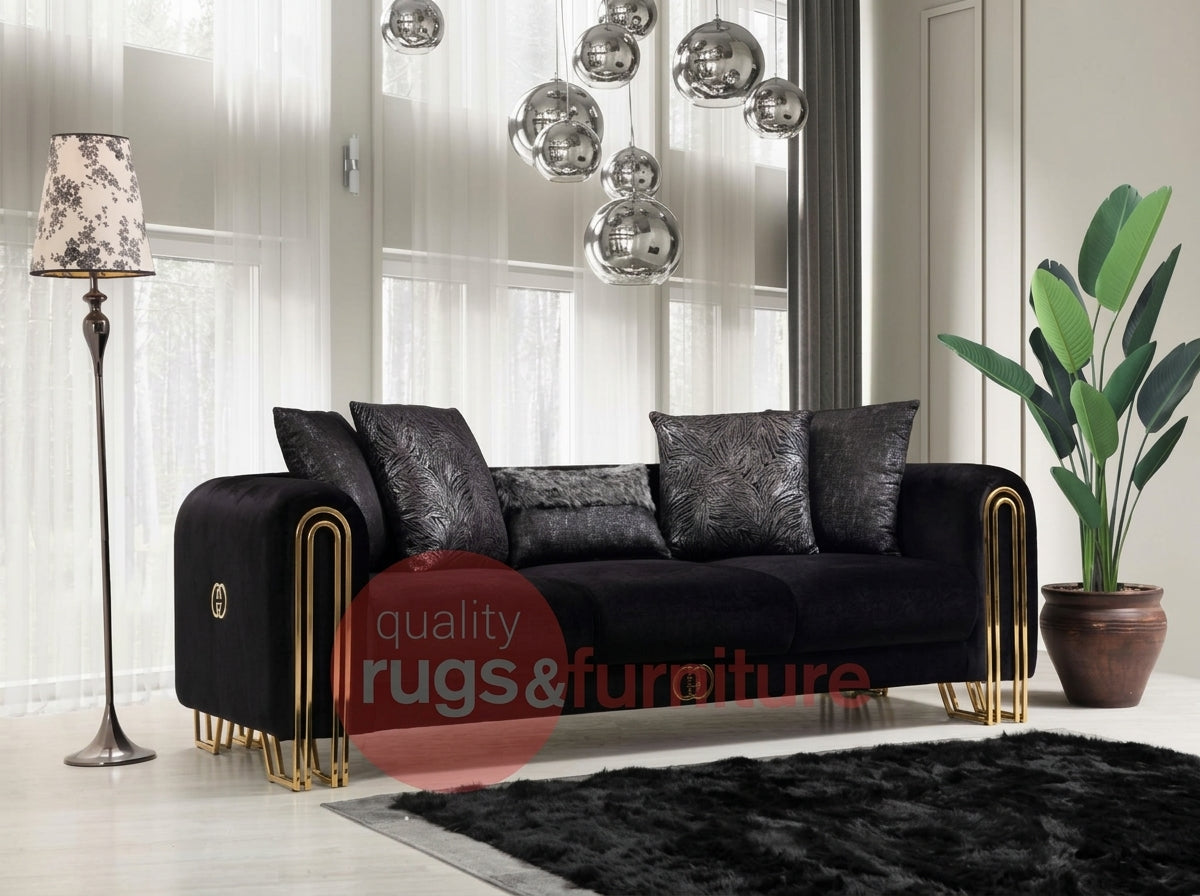 Sehrazat Modern Fabric Luxury Sofa Set Black Gold