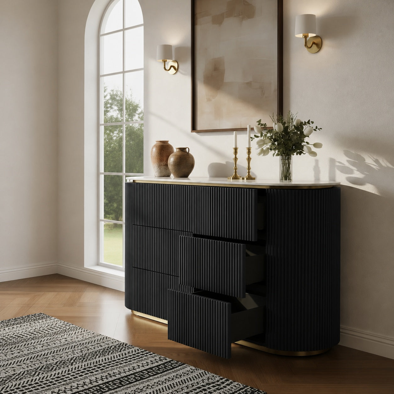 Aero White Sintered Stone Top Modern Side Board Table Black