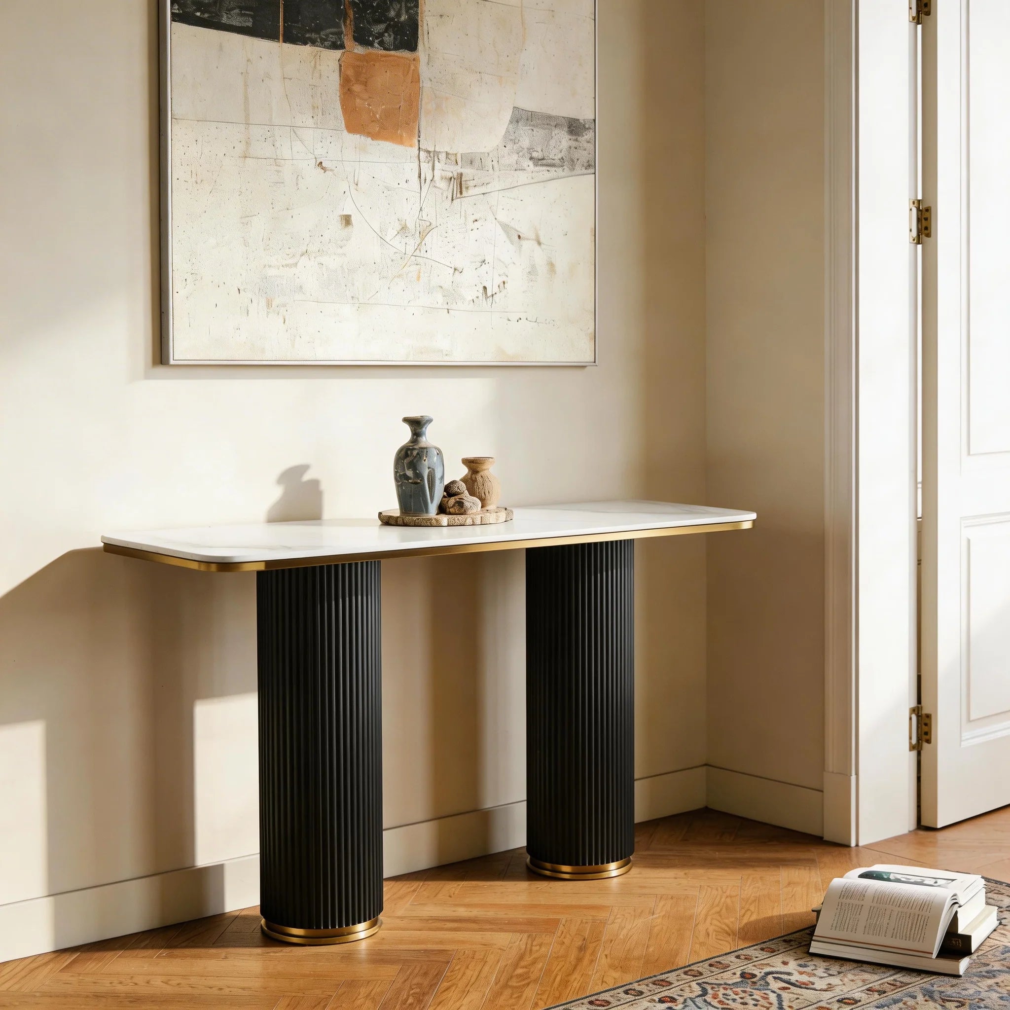 Aero White Sintered Stone Top Modern Console Table Black