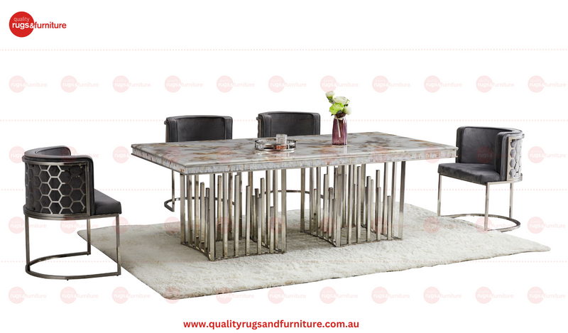 New Stela Dining Table Marble Top Stainless Steel Base Silver