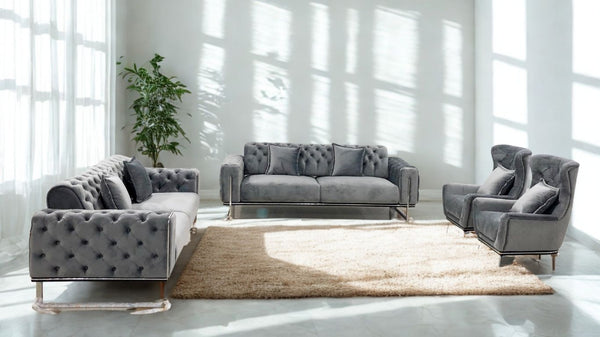 Zurih Luxury Velvet Sofa Set Grey Silver