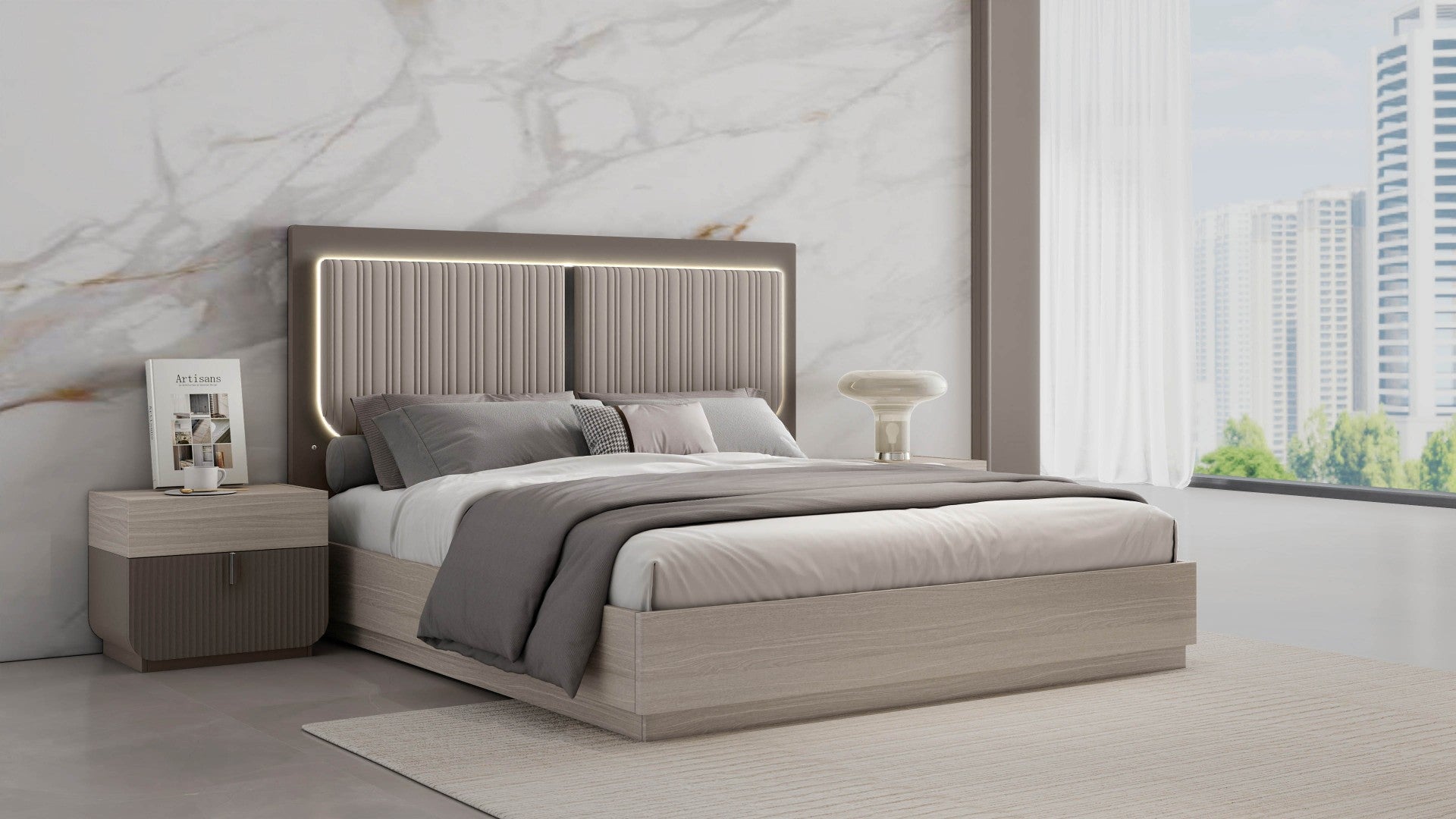Charles Gas Lift Storage Bed Set with LED Taupe GreyBedroom Furniture SetsQuality Rugs and Furniture