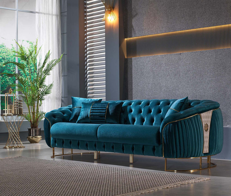 Lucas Luxury Velvet Modern Sofa Set Green Gold