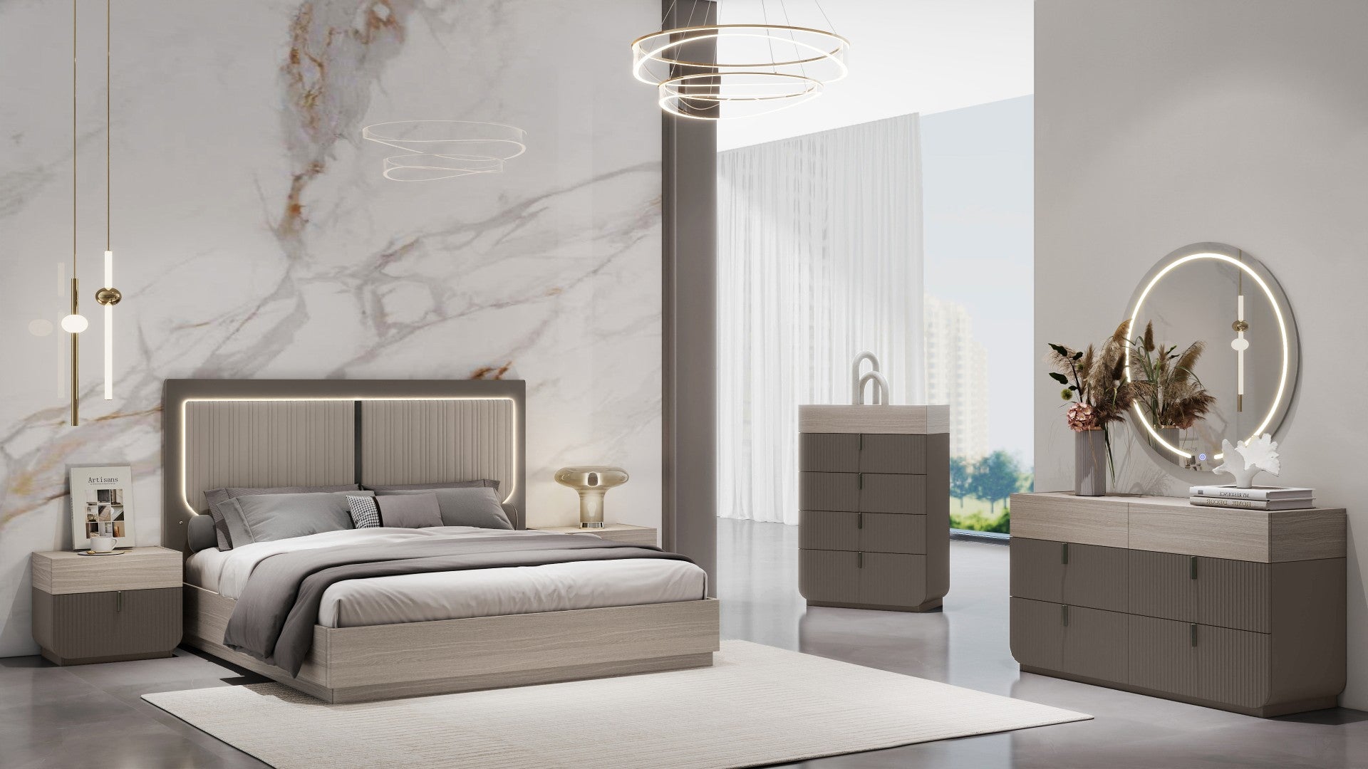 Charles Gas Lift Storage Bed Set with LED Taupe Grey