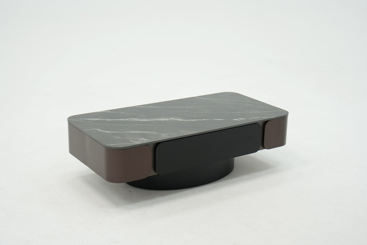 Crystal Black Ceramic Coffee Table with Drawer Bronze