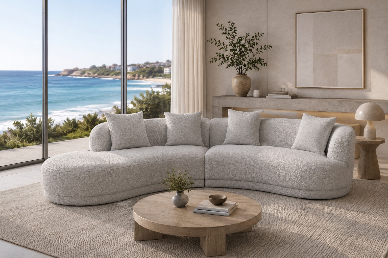 Cairo Modern Fabric Chaise with Loveseat Sofa Cream